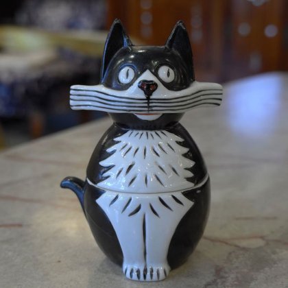 【フランスアールデコ置物】蓋物 黒猫⓶ 陶器製1930年代
