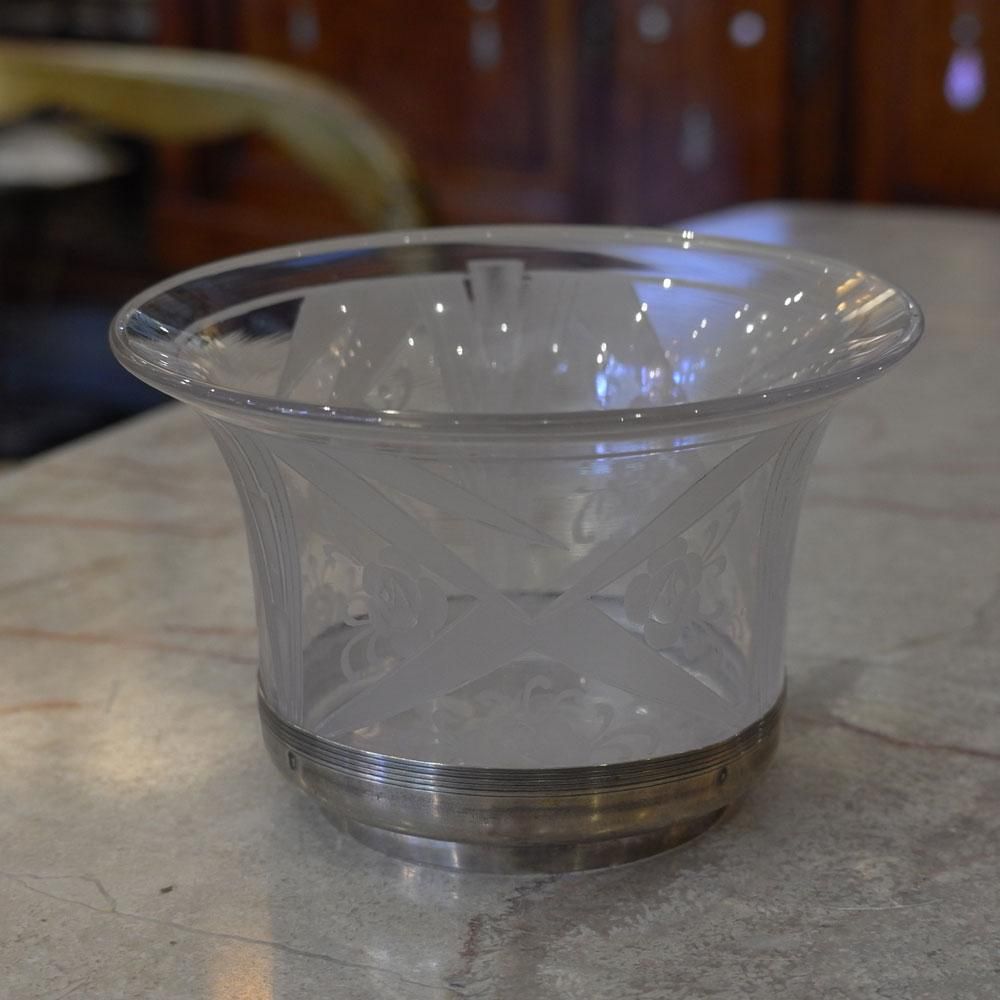 【上品】 フランスアールデコ装飾置物】クリスタル製器 竹梅文様 純銀刻印 工芸ガラス
