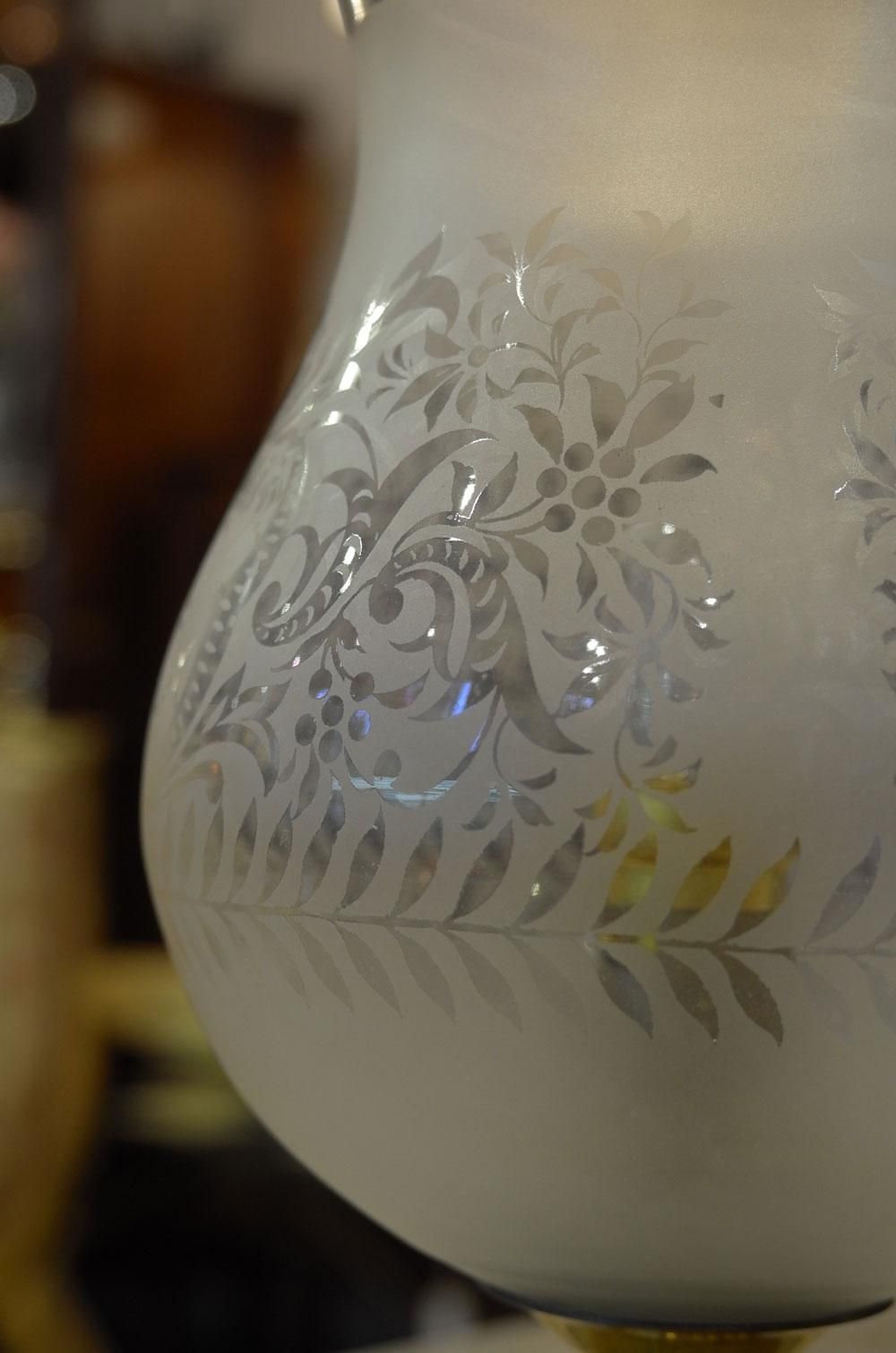フランスヴィンテージ照明】テーブルランプ 植物草花文様 ガラス