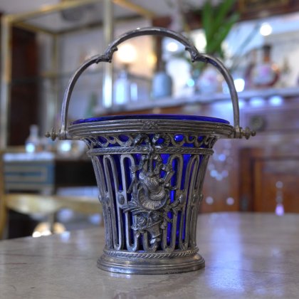 【フランスアンティーク置物】キャンディーバスケット花瓶 ルイ16世紀様式 ブルーガラス インテリア パリ