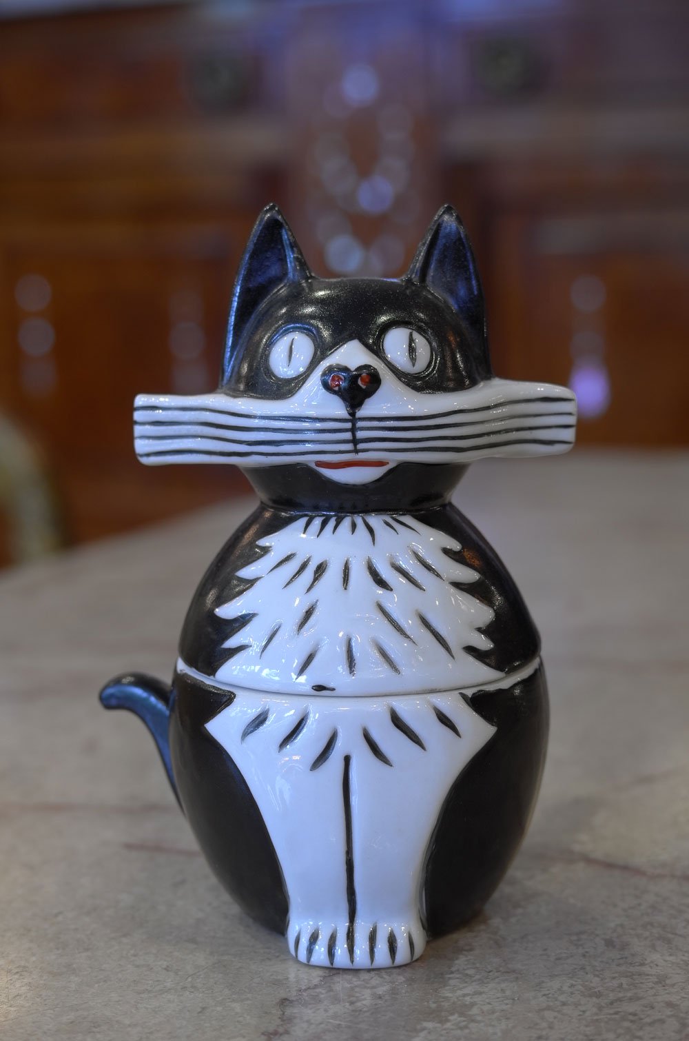 フランスアールデコ装飾置物】オブジェ小物入れ 陶器製 黒白猫➀動物