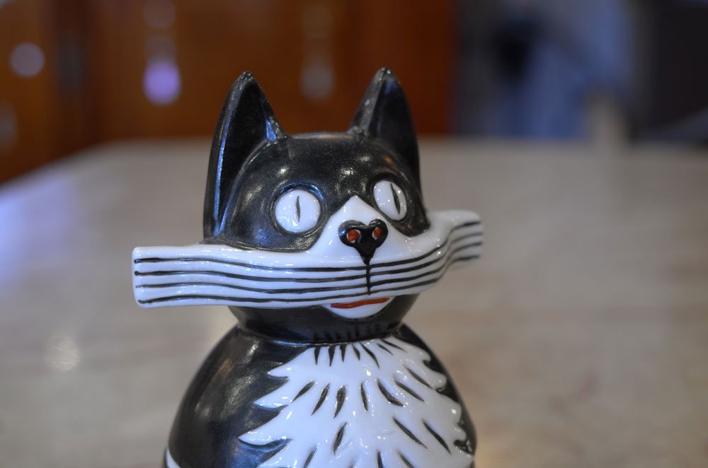 フランスアールデコ装飾置物オブジェ小物入れ 陶器製 黒白猫➀動物