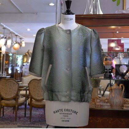 【フランス新品ファッションレディース】六部袖ブルゾンアウタージャケット 緑地模様 フレンチデザイナー パリ