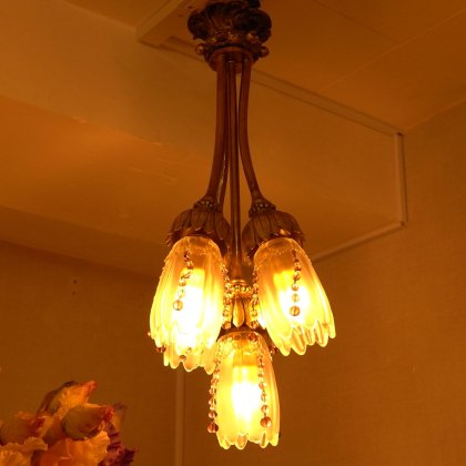 【フランスアンティーク照明】チューリップのブーケ型シャンデリア 天井ランプ アールデコ