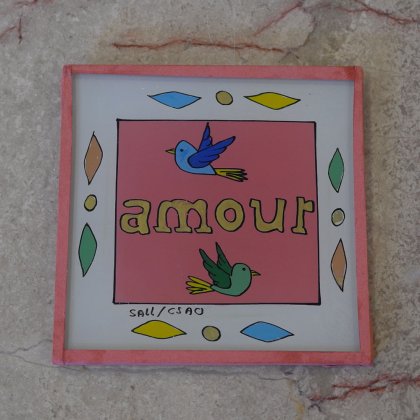 【フランスインテリア雑貨】オブジェ Amour愛 モダンアート壁飾り 小鳥 ピンク ガラス 作家もの パリ