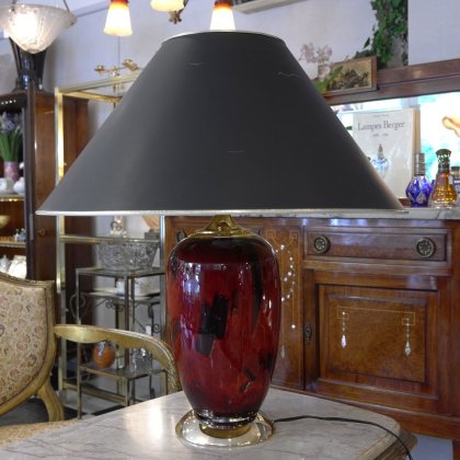 【フランスヴィンテージ照明】大型テーブルランプ 赤ガラス 紙シェード黒金 真鍮 モダンインテリア パリ