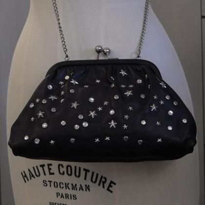 【フランス新品アクセサリーレディース】blumarine ポシェットショルダーバック 星鋲 上質黒革 ハイブランド ブルマリン パリ