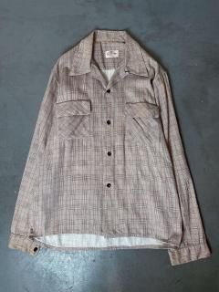 50s vintage check open collar shirt  size M