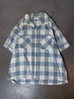 70s vintage s/s check open collar shirt  size XL