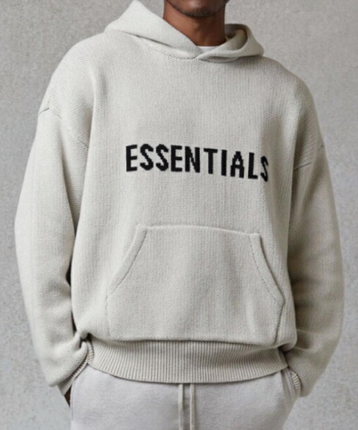 FOG ESSENTIALS ニットパーカー Fear Of God Essentials Hoodie front logo knit TAUPE