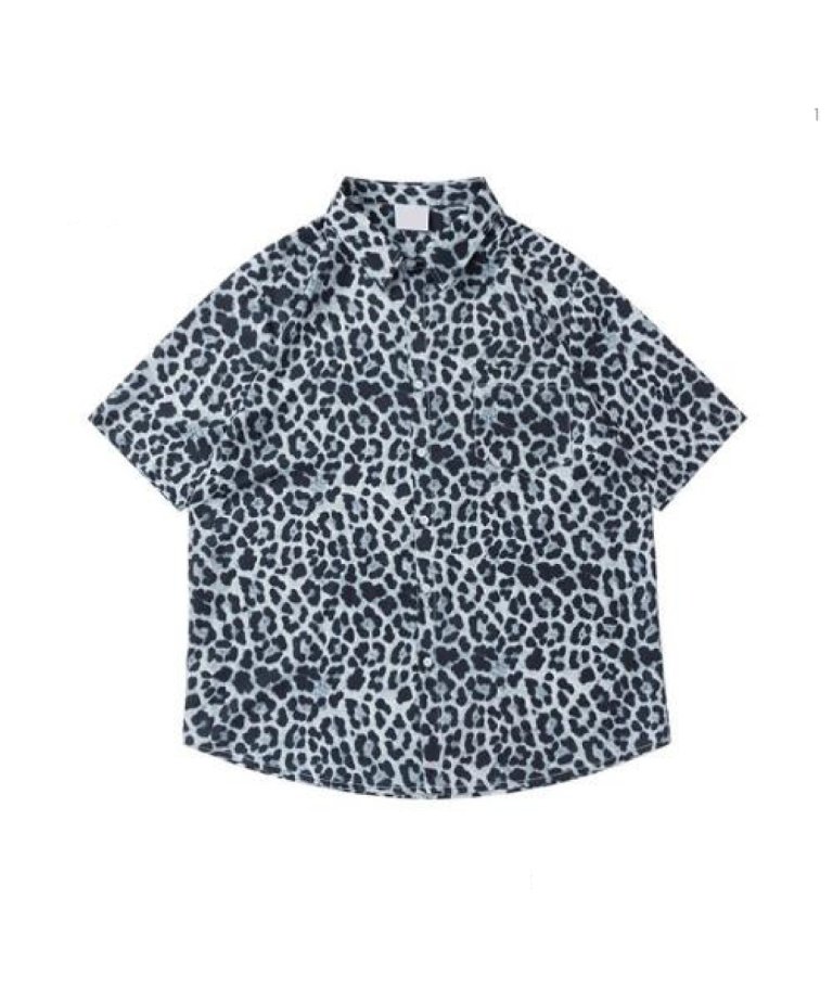 【 SPRING SALE 2024】OUTRO-feer de seal- Blue Leopard Half Sleeve OverSize Shir 12100円→8470円