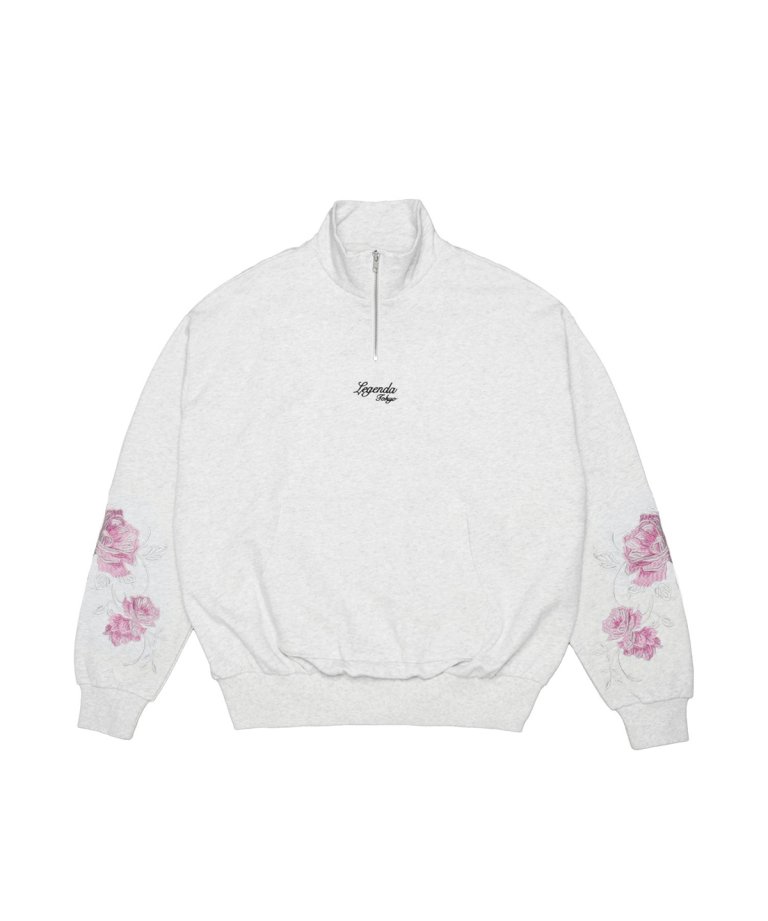 New Rose Embroidery Half-Zip Tops GRAY/PINK