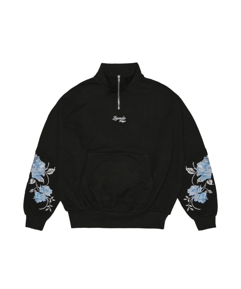 New Rose Embroidery Half-Zip Tops BLK/BLUE