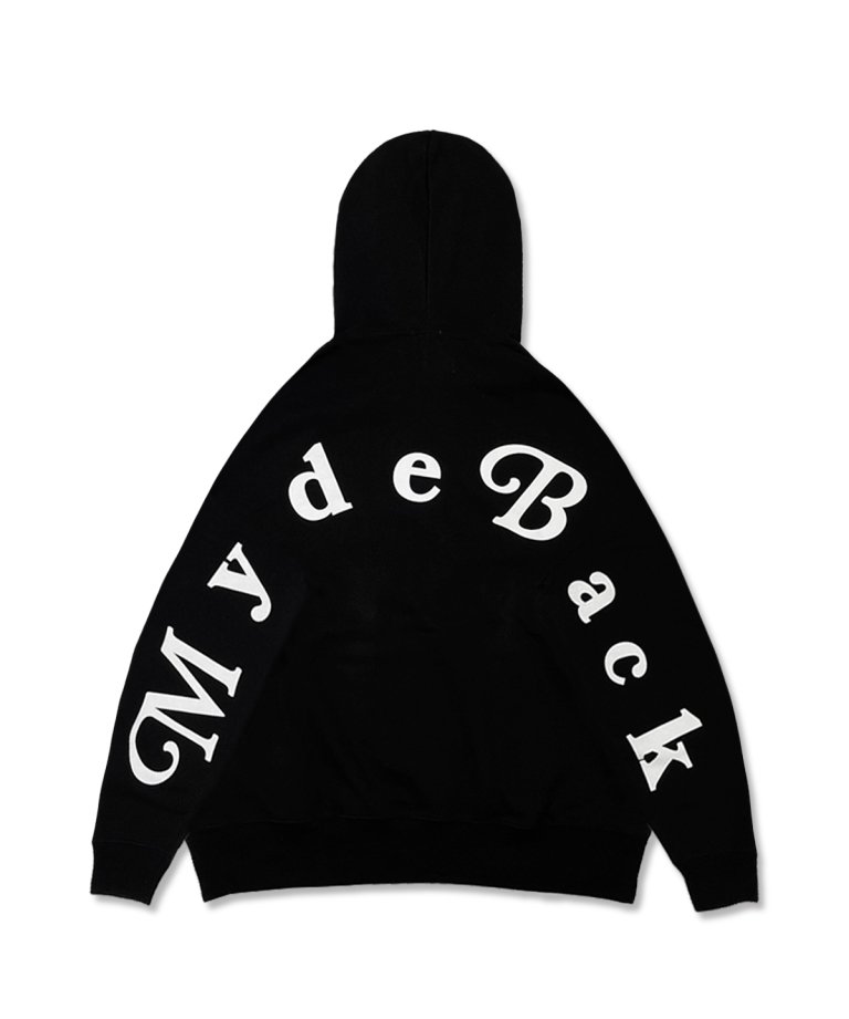 【FLASHBACK最新作23AW】''Myde Back is OVER'' OVERSIZE Arch Logo Hoodie BLK