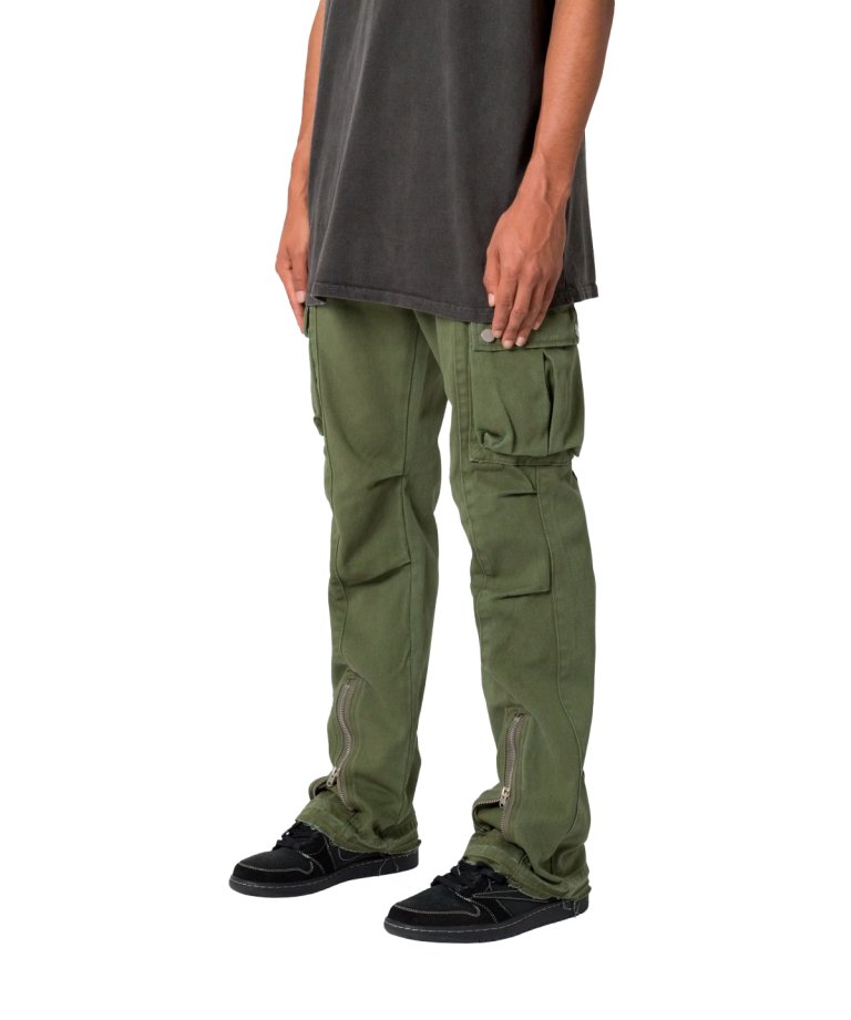 ͽmnml FRONT ZIP FLARE CARGO PANTS OLIVE