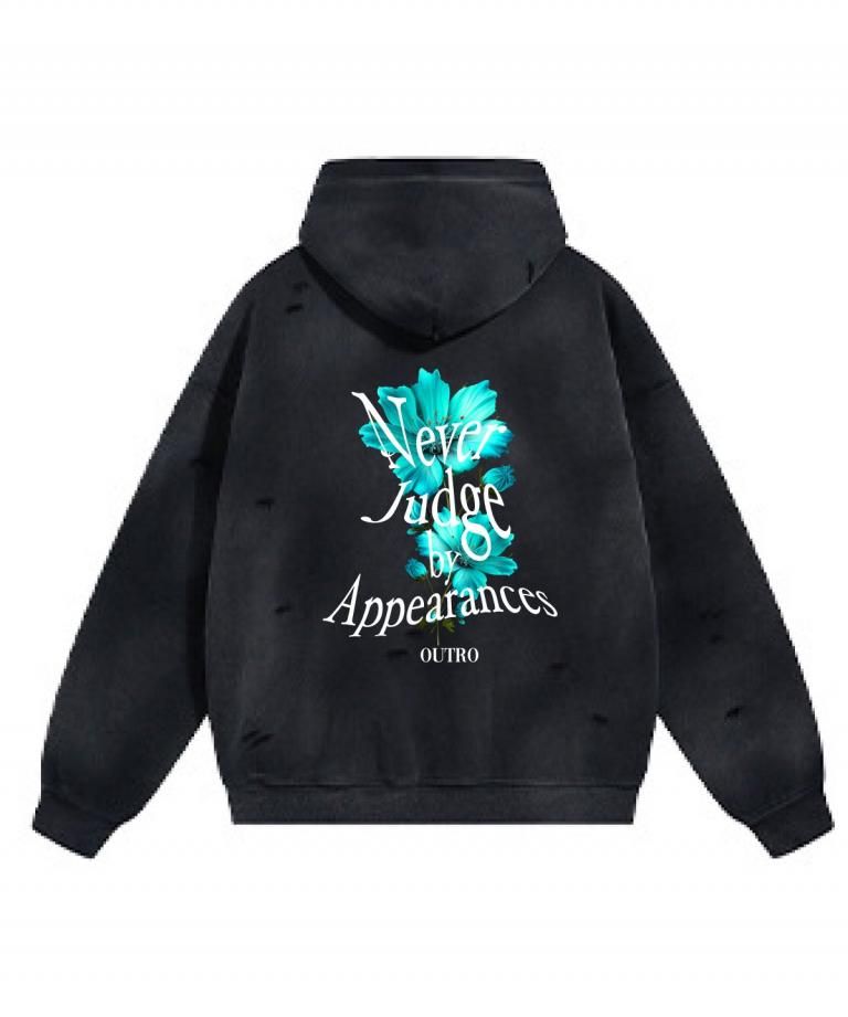 2025AW®︎OUTRO-feer de seal- The OLD Rose VINTAGE Damage Oversize Hoodie.VINTAGE BLK