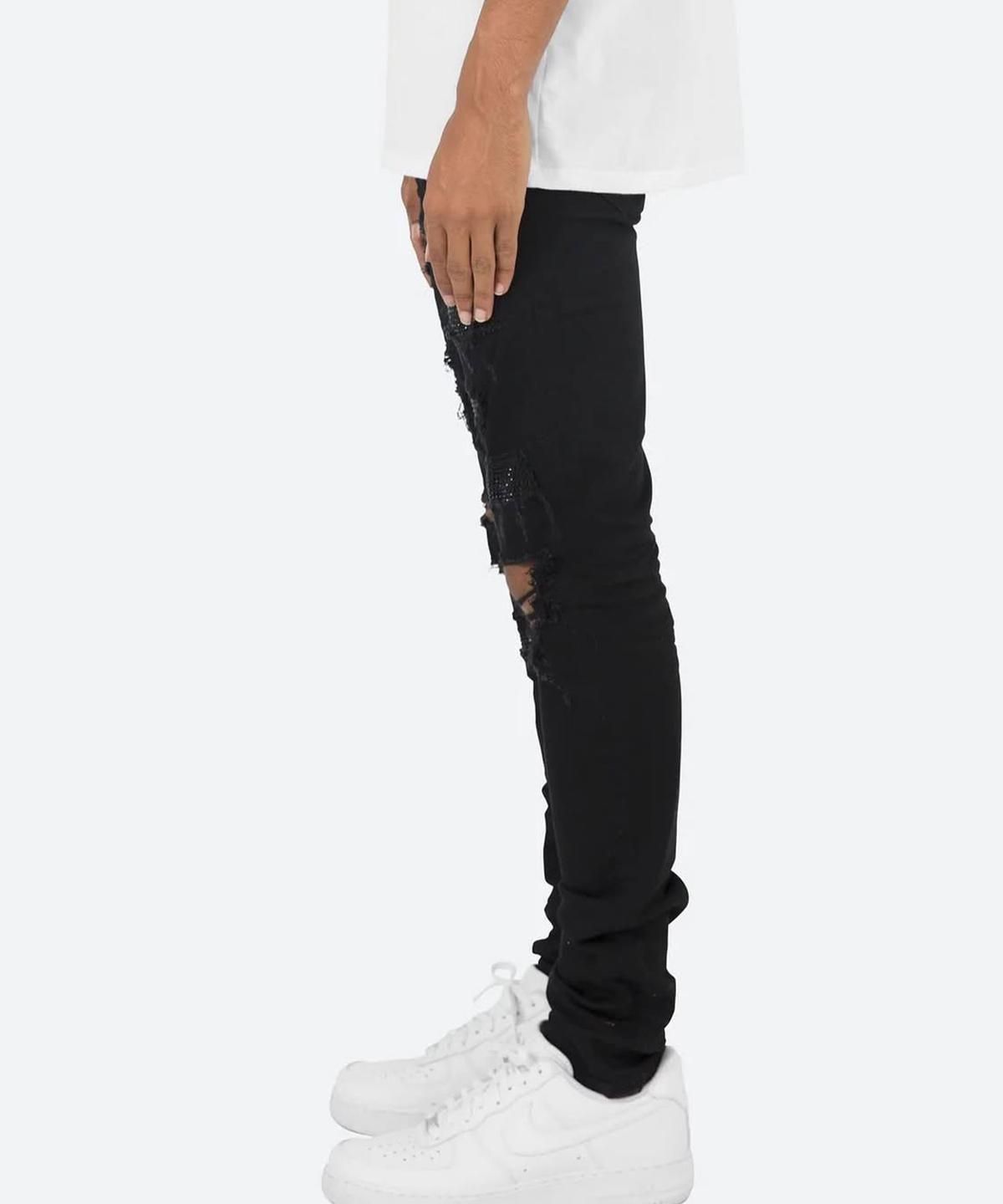 mnml X201ダメージブラックラインストーン散りばめスキニーデニムパンツ28 mnml X201 STRETCH DENIM BLACK