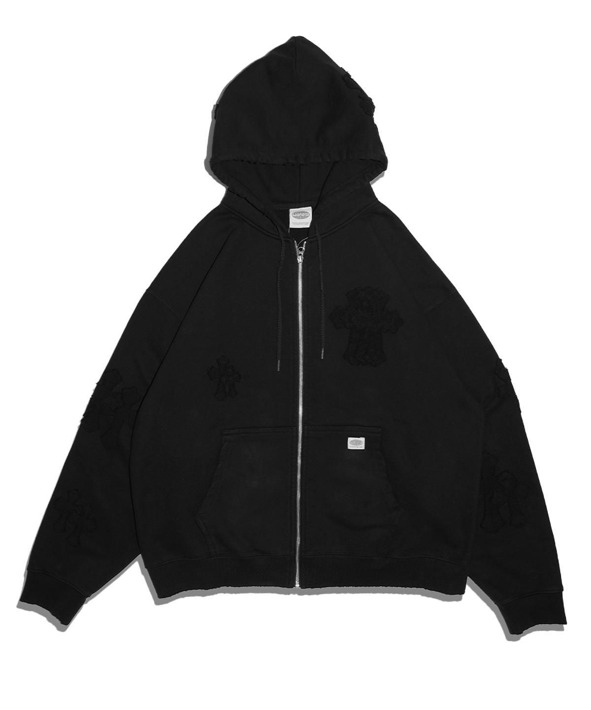 WHITE CROSS ZIP HOODIE-BLACK