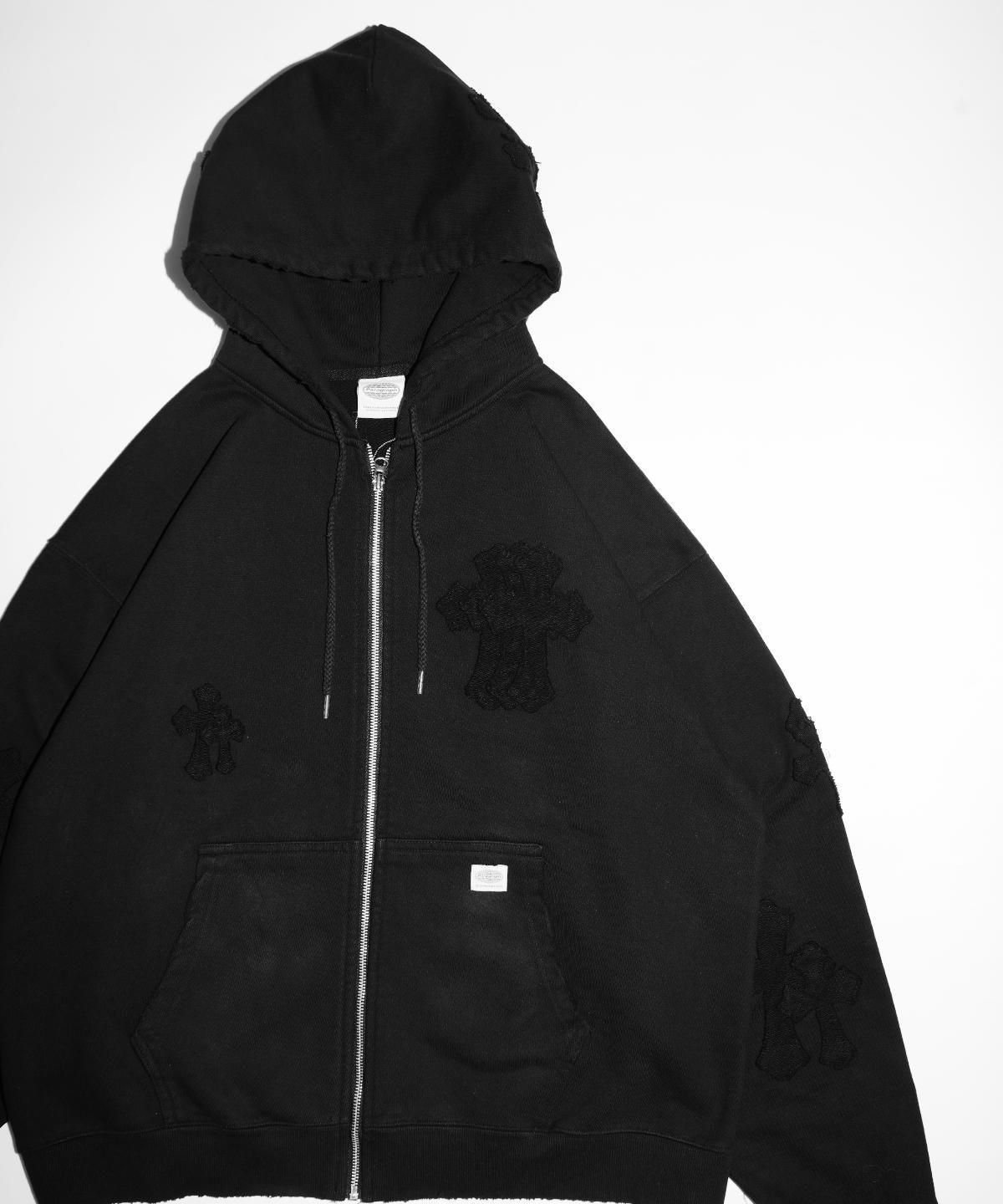 WHITE CROSS ZIP HOODIE-BLACK