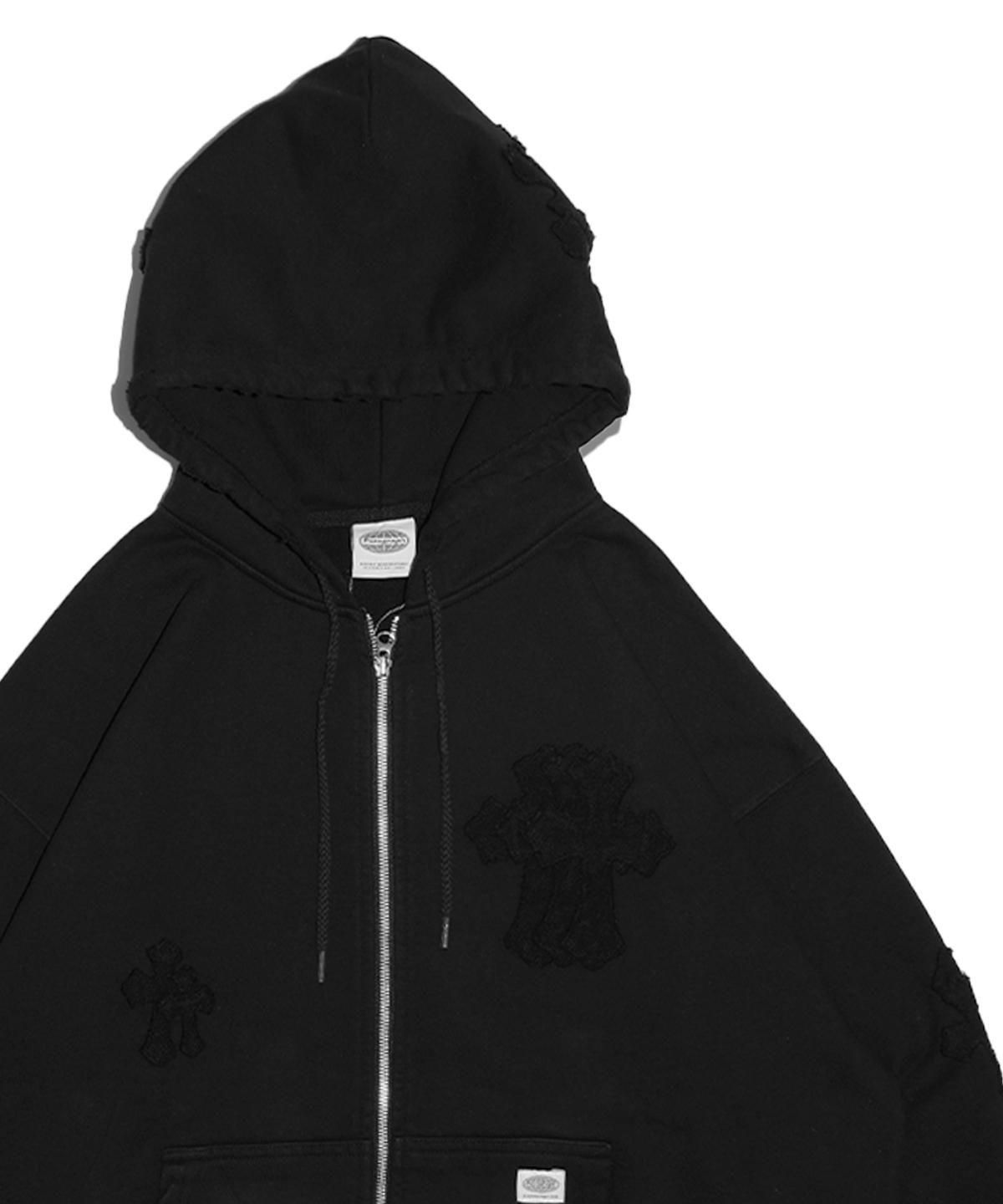 WHITE CROSS ZIP HOODIE-BLACK