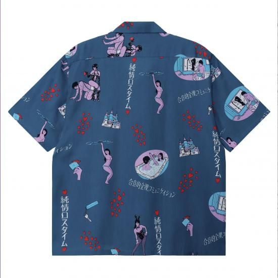 試着 Eanbe イアンベ いあんべ アロハシャツ 半袖シャツ 純情ロスタイム 純情ロスタイム / NAVY – Eanbe