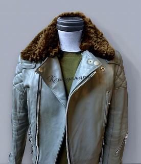 M.U.L ヴィンテージリメイクレザーコート 襟ボア シルバーペイント1点