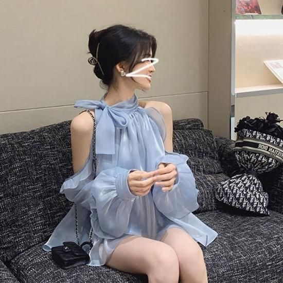 ⚫︎華奢見えシフォントップス 2色 - ワンホンファッション・中国