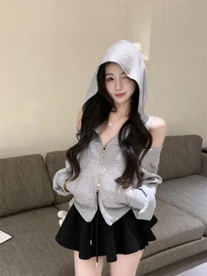 肩あきパーカー 2色 - ワンホンファッション・中国レディース