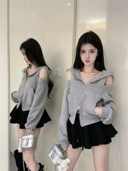 肩あきパーカー 2色 - ワンホンファッション・中国レディース