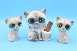 Vintage Big Eye Cat Ceramic Salt & Pepper Toothpick And Napkin Holder